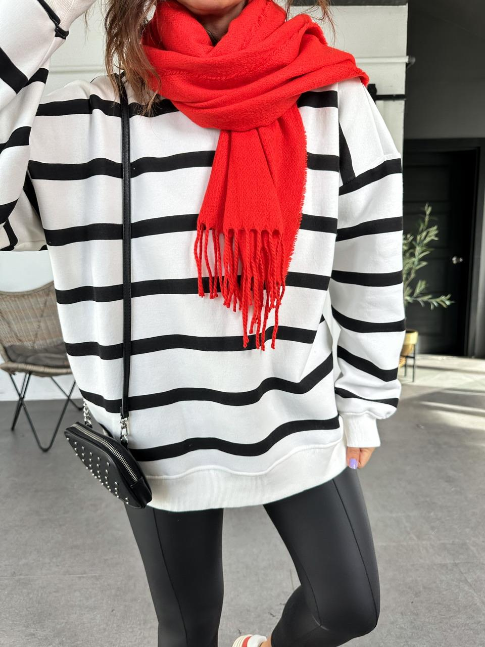 Siyah Çizgili Oversize Sweatshirt