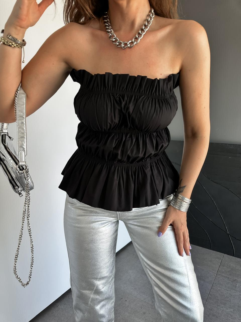 Siyah Drapeli Straplez Bluz
