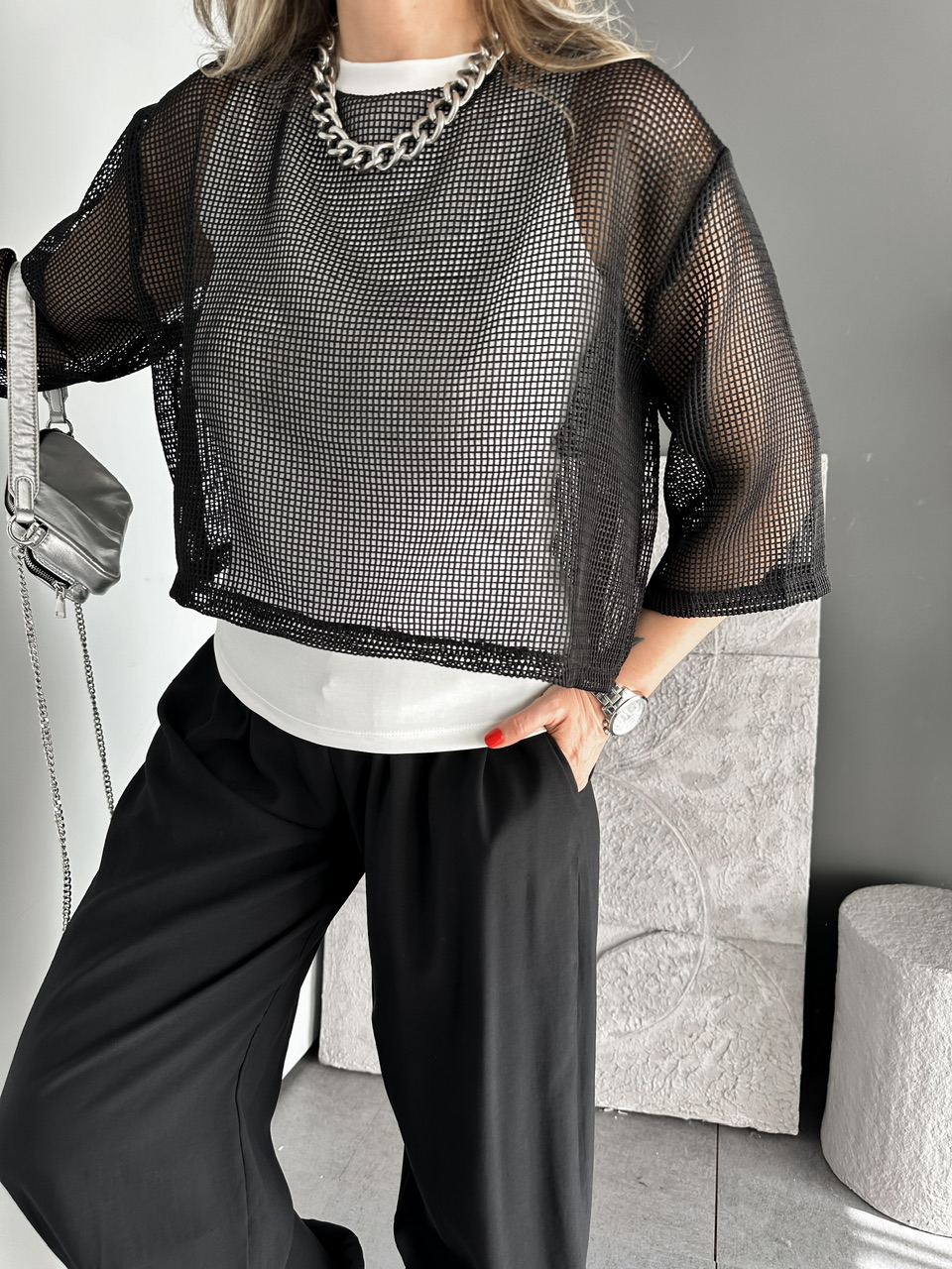 Siyah File Giydirmeli Bluz