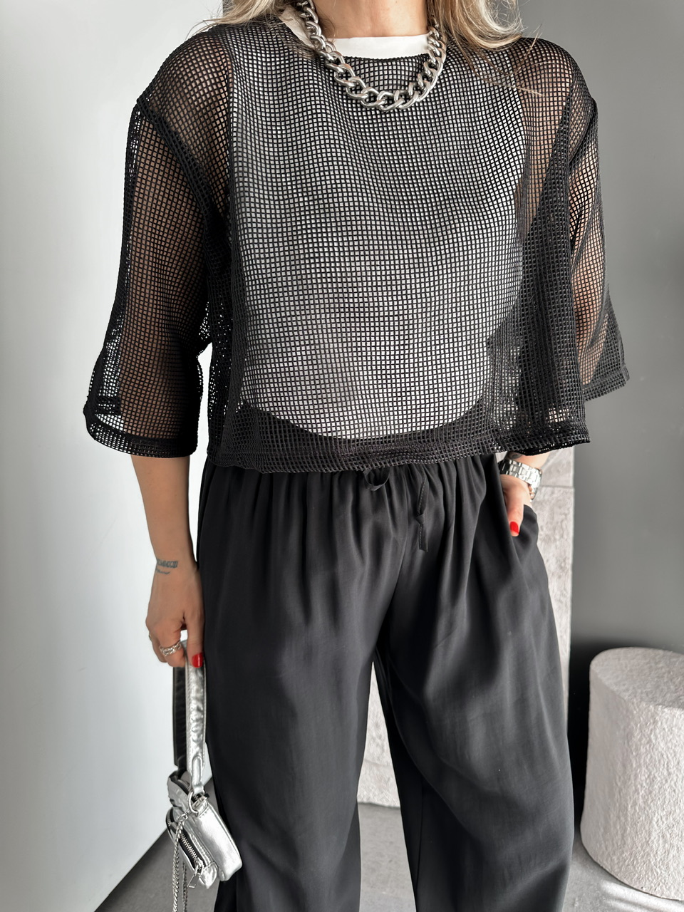 Siyah File Giydirmeli Bluz