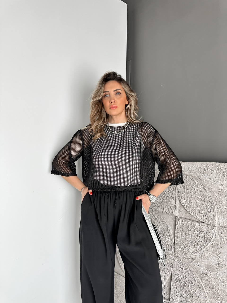 Siyah File Giydirmeli Bluz