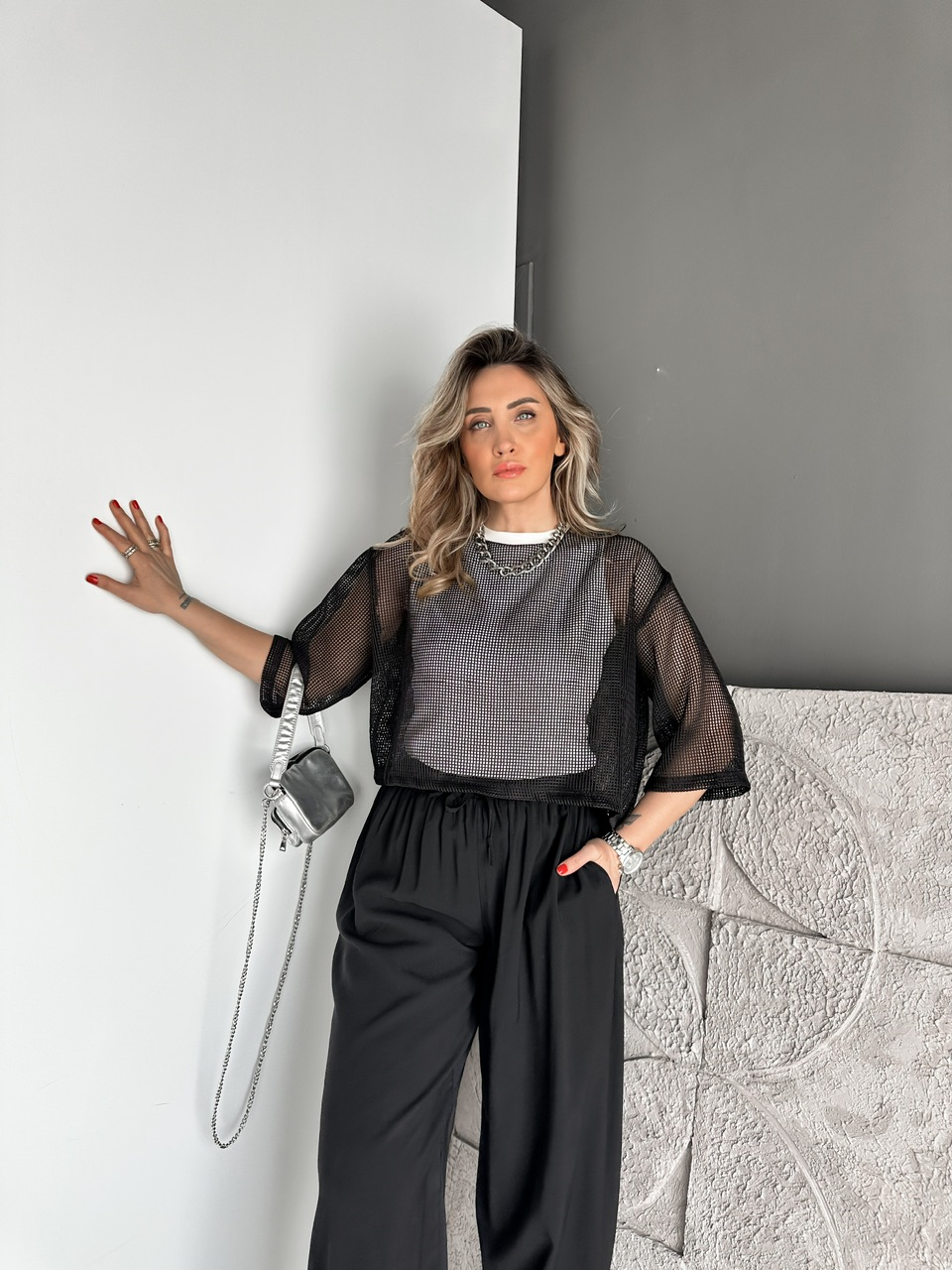 Siyah File Giydirmeli Bluz