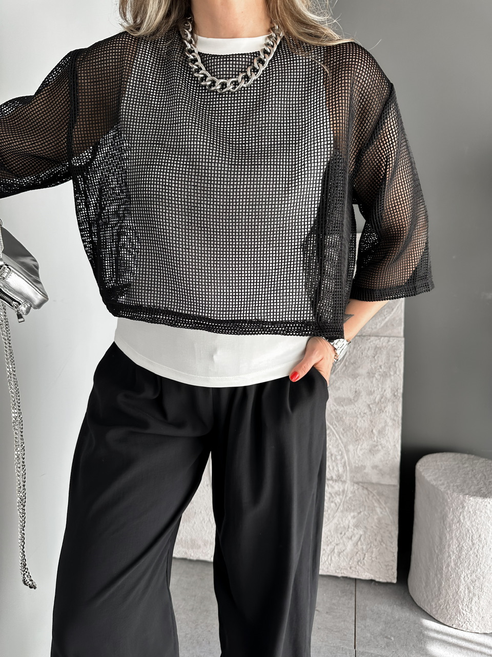 Siyah File Giydirmeli Bluz