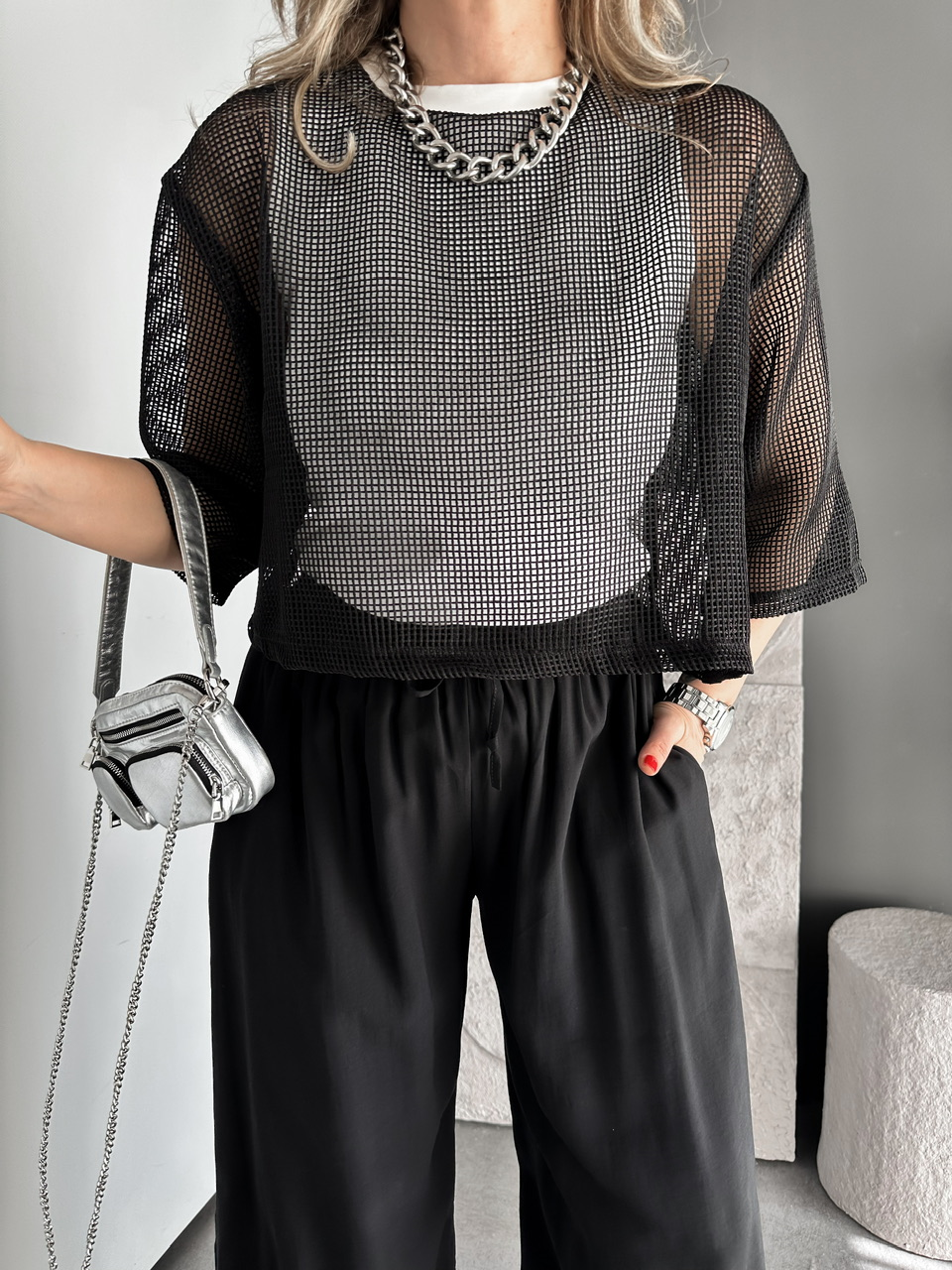 Siyah File Giydirmeli Bluz