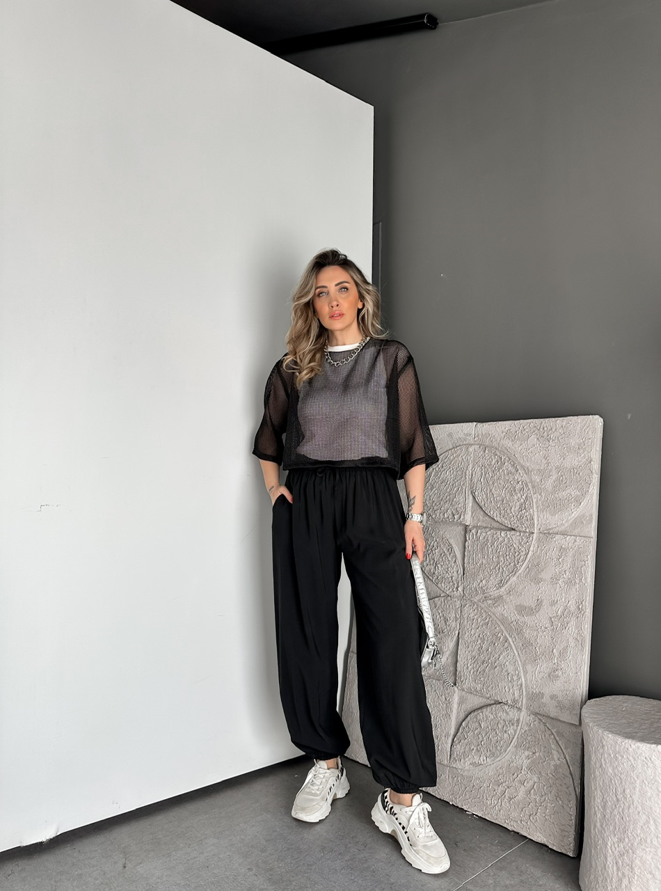 Siyah File Giydirmeli Bluz