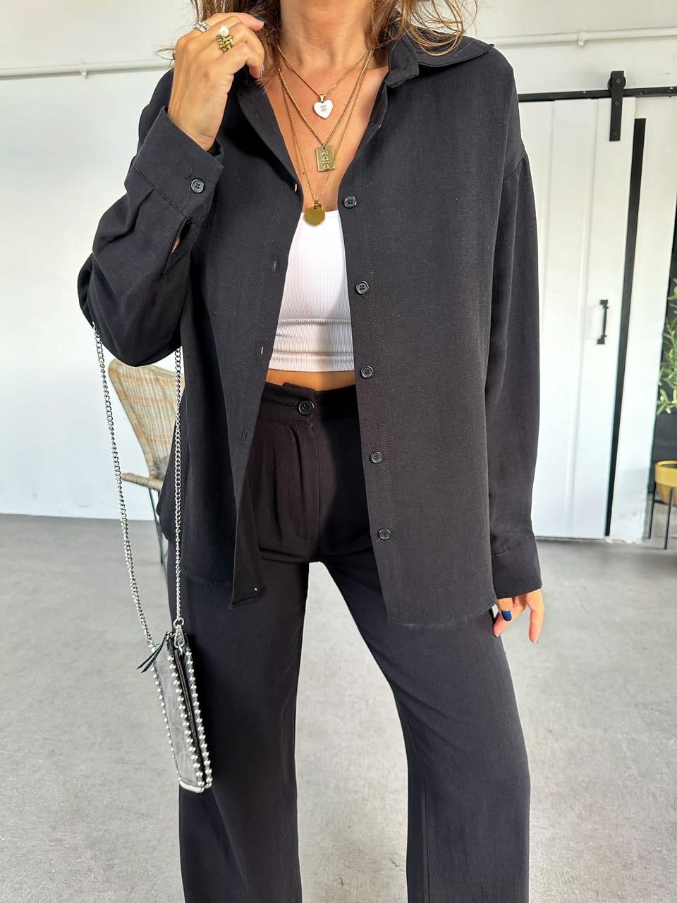 Siyah Gömlekli Basic Keten Takım
