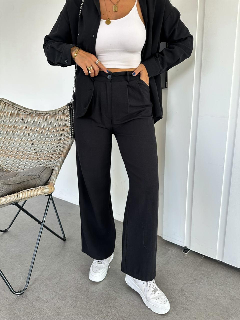 Siyah Gömlekli Basic Keten Takım