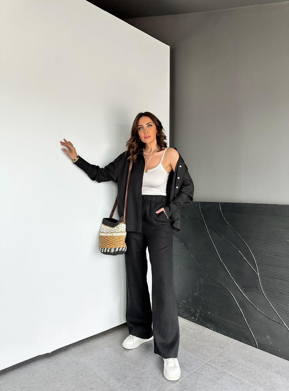 Siyah Ham Keten Orijinal Gömlek