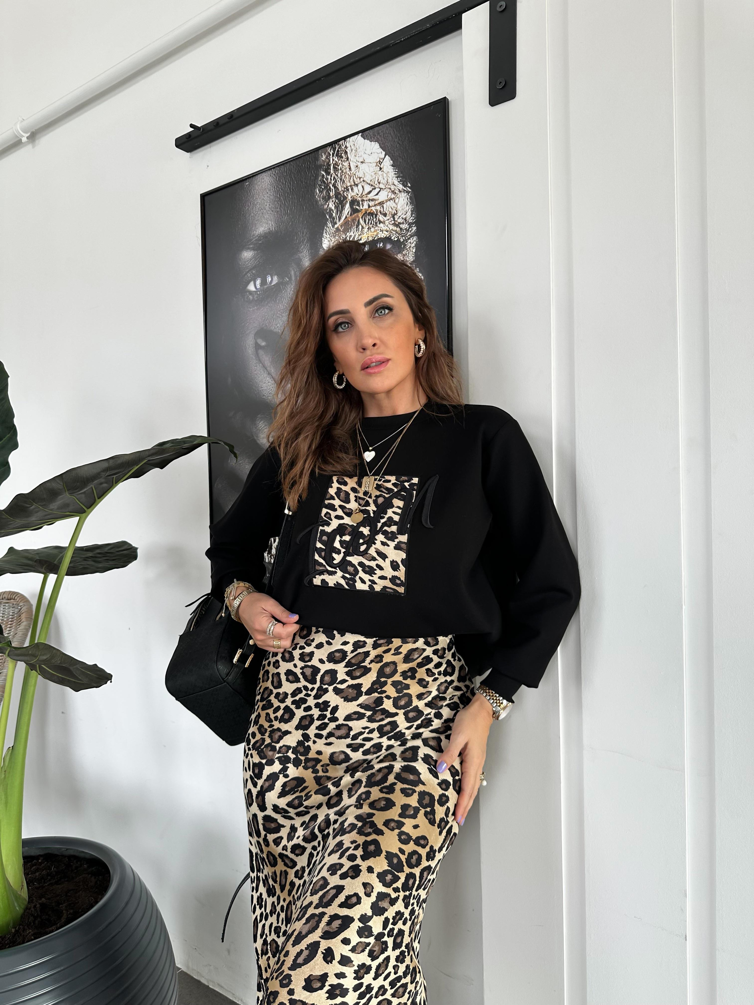 Siyah Icon Leopar Parçalı Sweatshirt