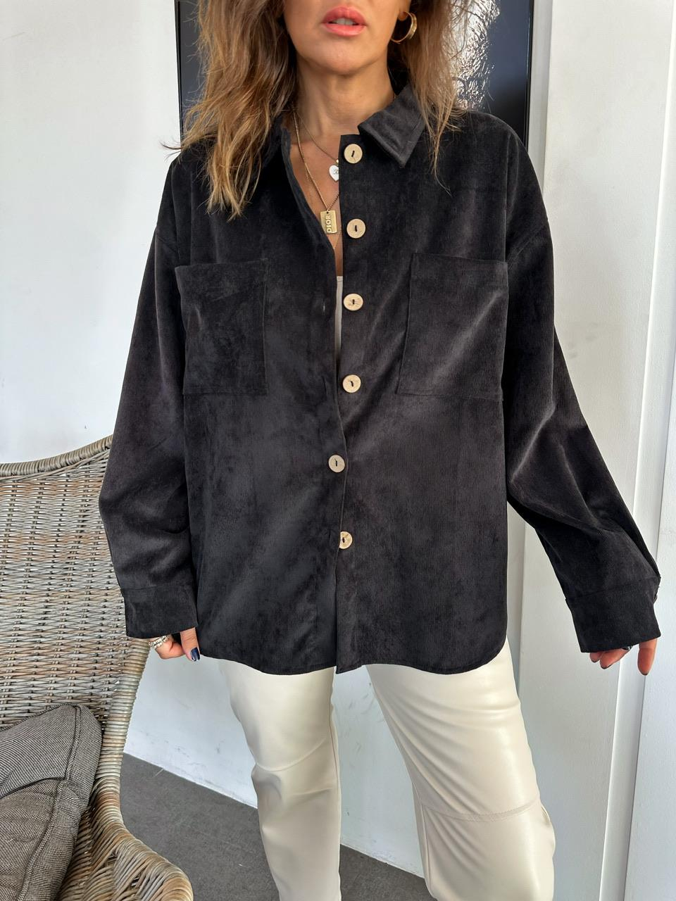 Siyah Kadife Oversize Gömlek