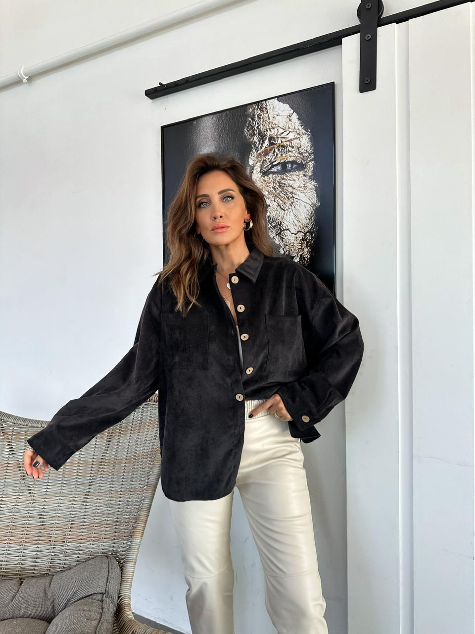 Siyah Kadife Oversize Gömlek