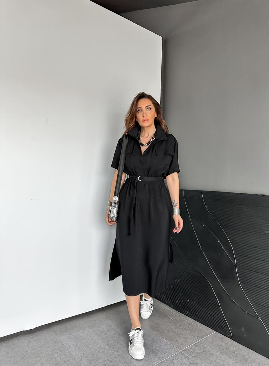 Siyah Kapak Cepli Kuşaklı Basic Elbise