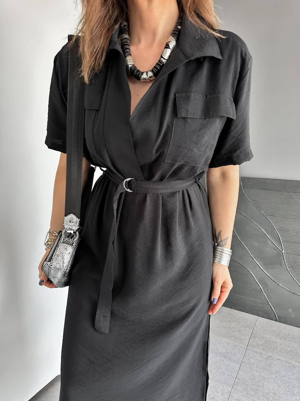Siyah Kapak Cepli Kuşaklı Basic Elbise