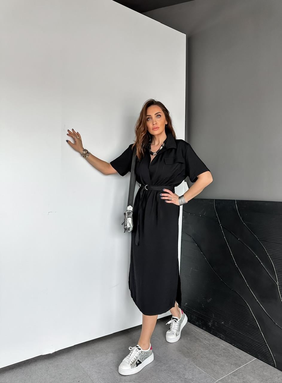 Siyah Kapak Cepli Kuşaklı Basic Elbise