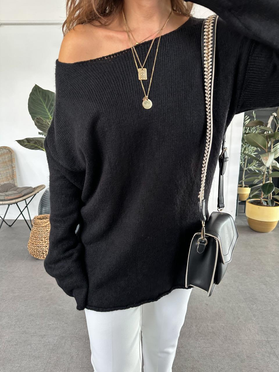 Siyah Kayık Yaka Basic Kazak