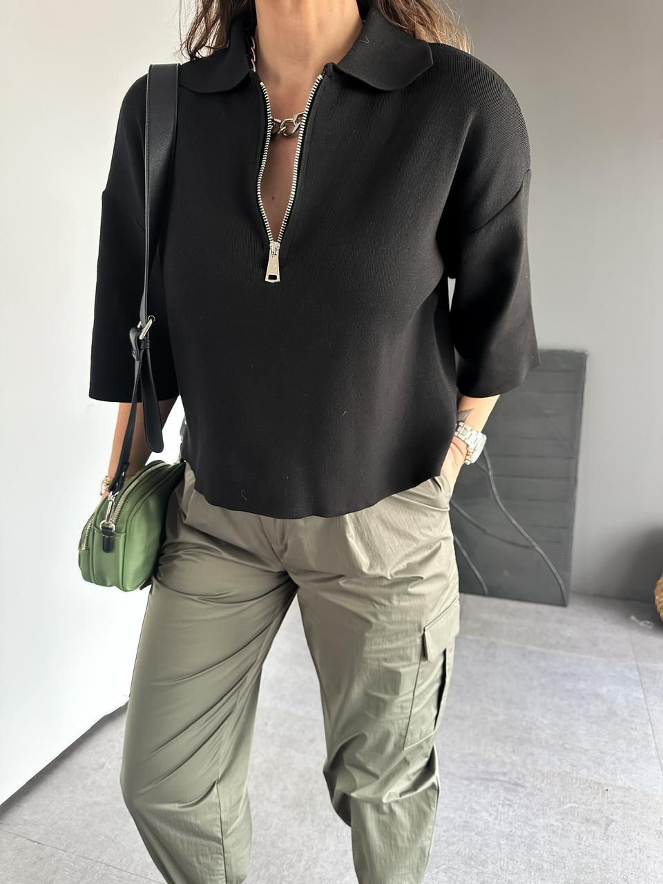 Siyah Polo Yaka Fermuarlı Basic Triko Kazak