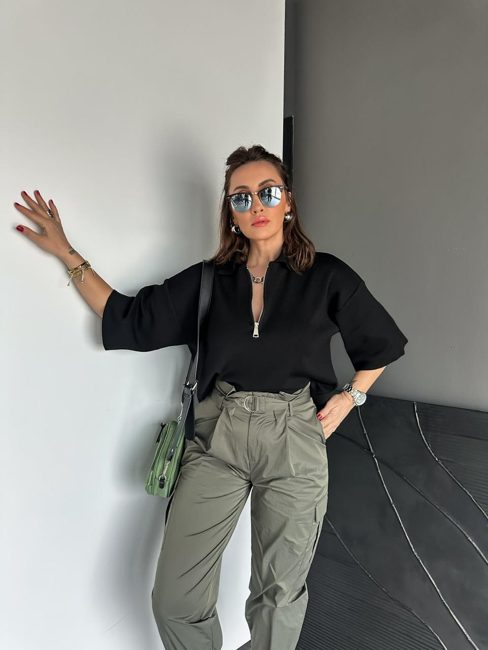 Siyah Polo Yaka Fermuarlı Basic Triko Kazak