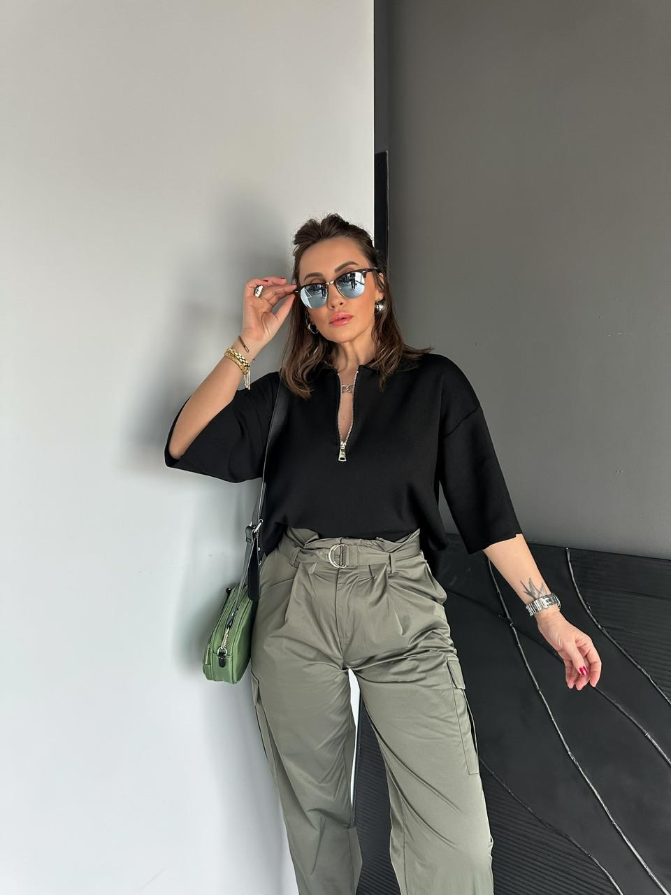 Siyah Polo Yaka Fermuarlı Basic Triko Kazak