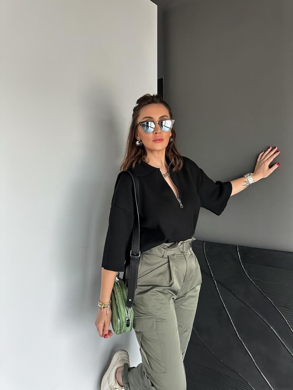 Siyah Polo Yaka Fermuarlı Basic Triko Kazak