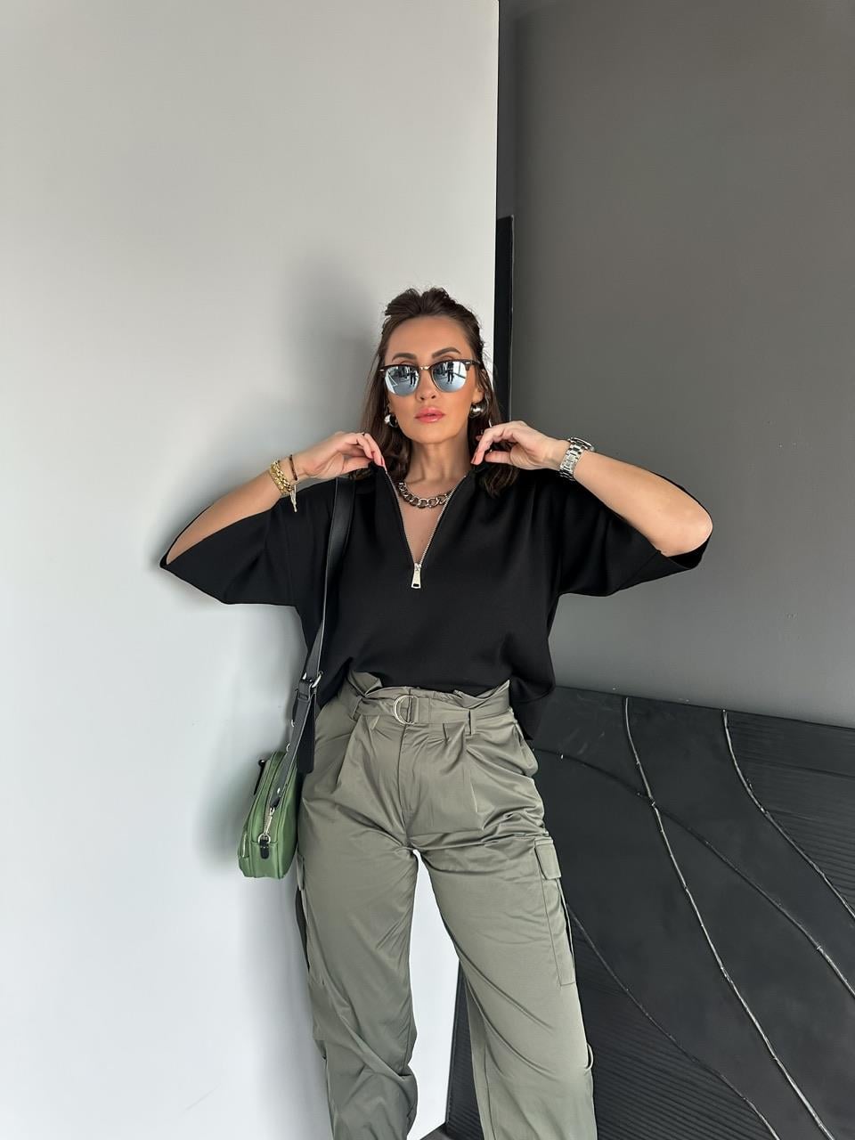 Siyah Polo Yaka Fermuarlı Basic Triko Kazak