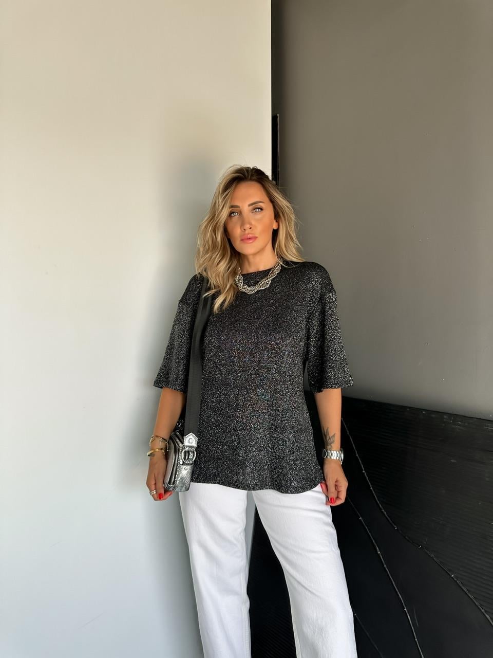 Siyah Simli Orijinal Merserize Tshirt