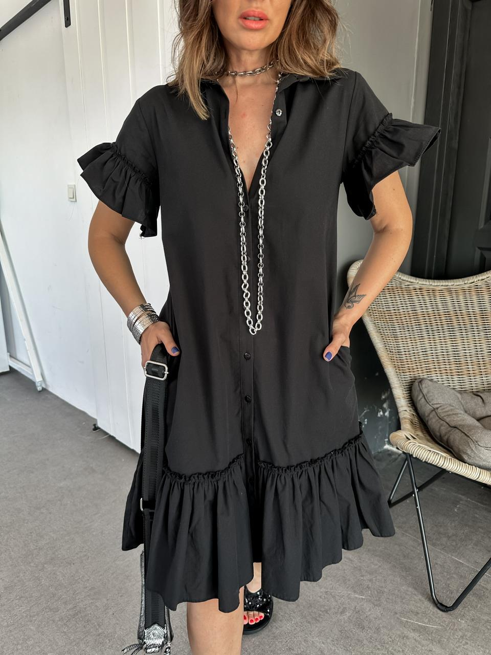 Siyah Volanlı Gömlek Elbise