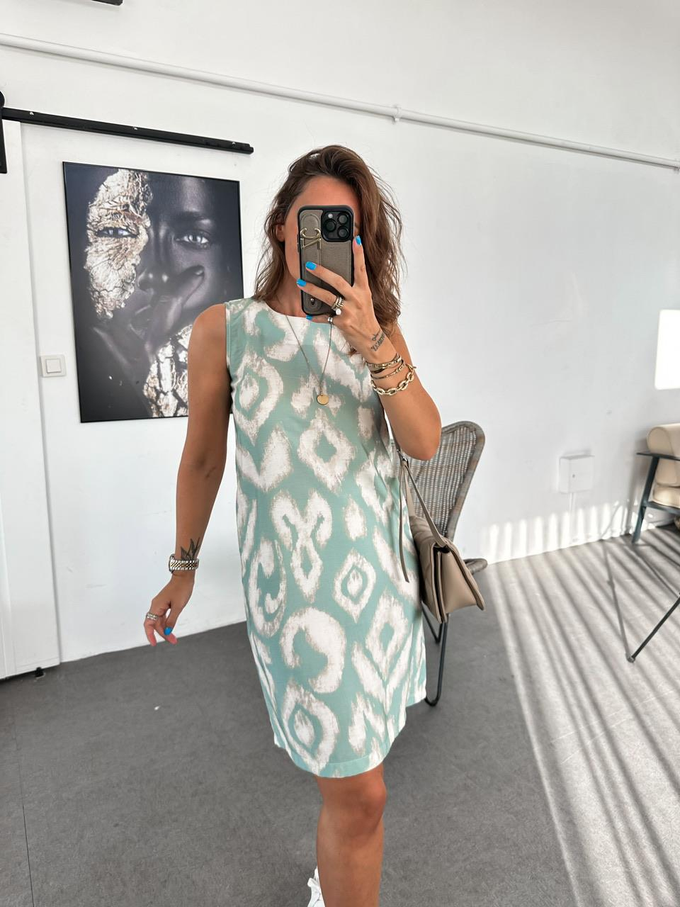 Su Yeşili Batik Desen Basic Elbise