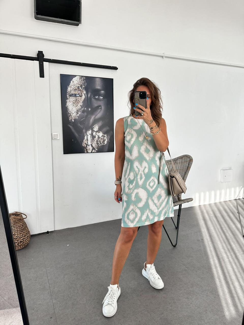 Su Yeşili Batik Desen Basic Elbise