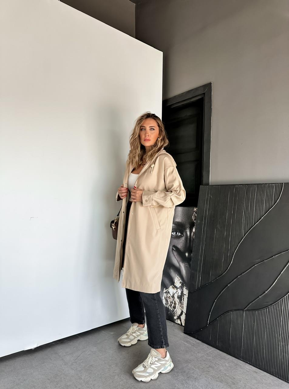 Taş Kapşonlu Çıtçıtlı Midi Boy Trençkot