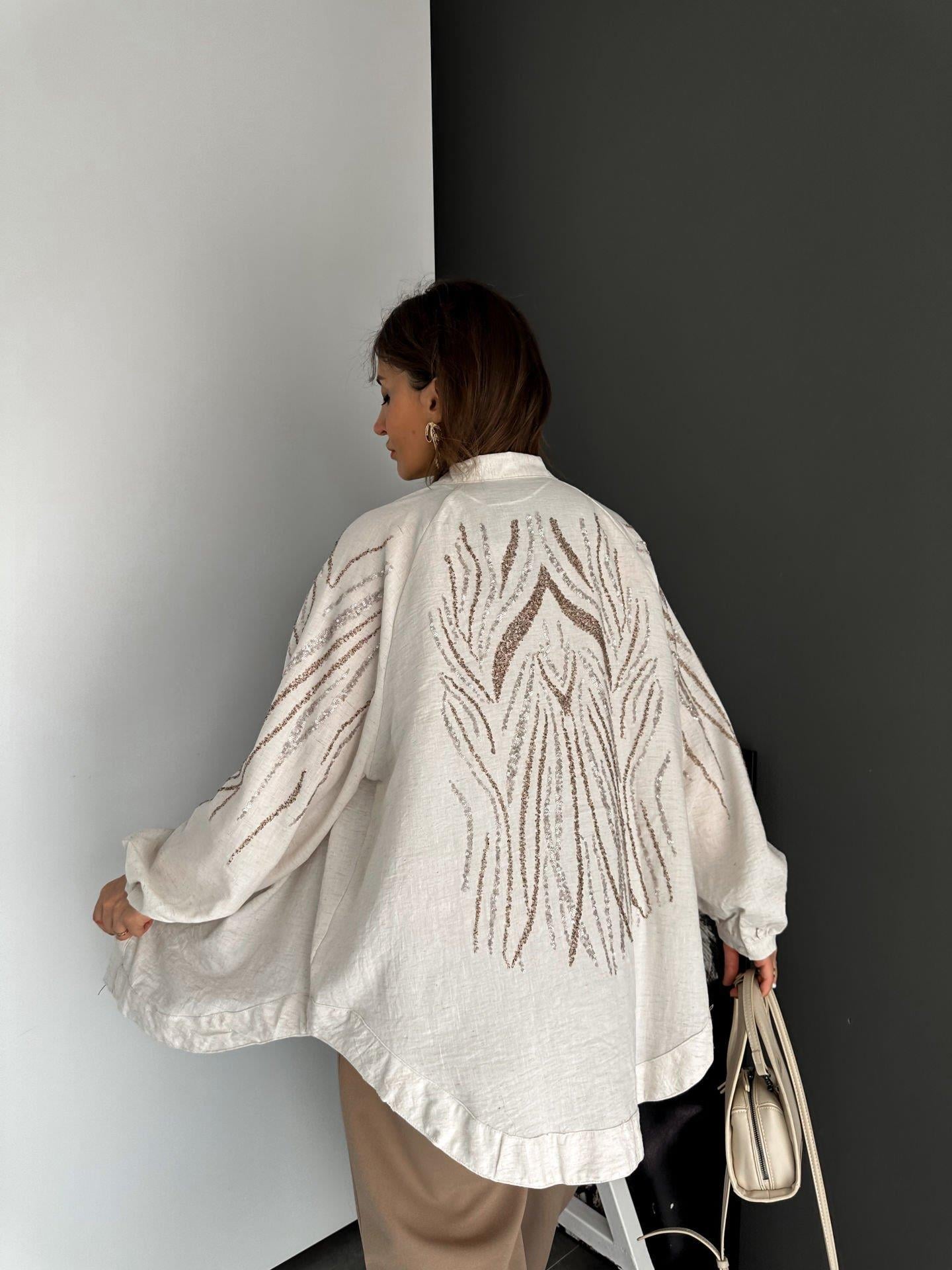 Taş Pullu Keten Kimono