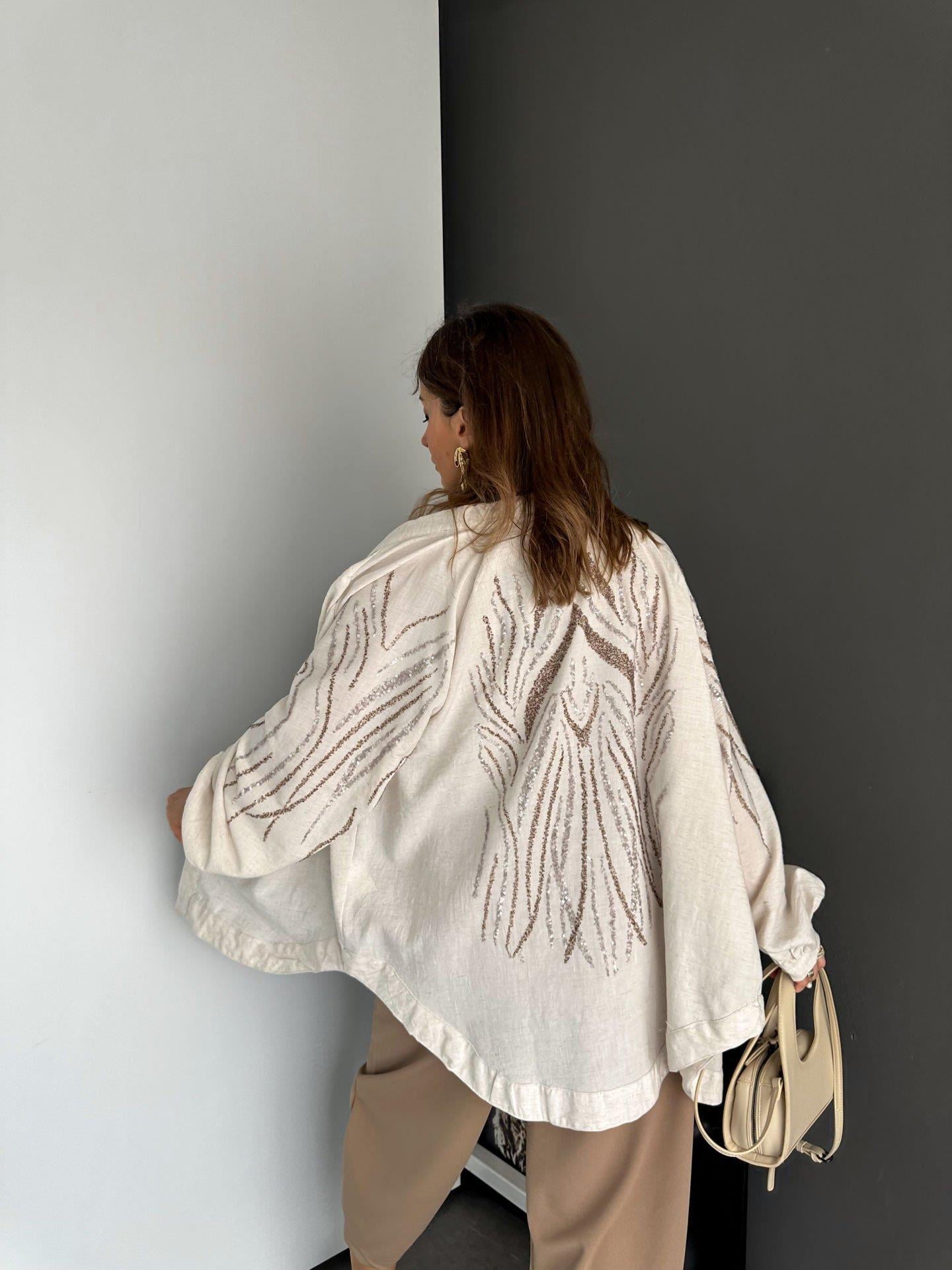 Taş Pullu Keten Kimono