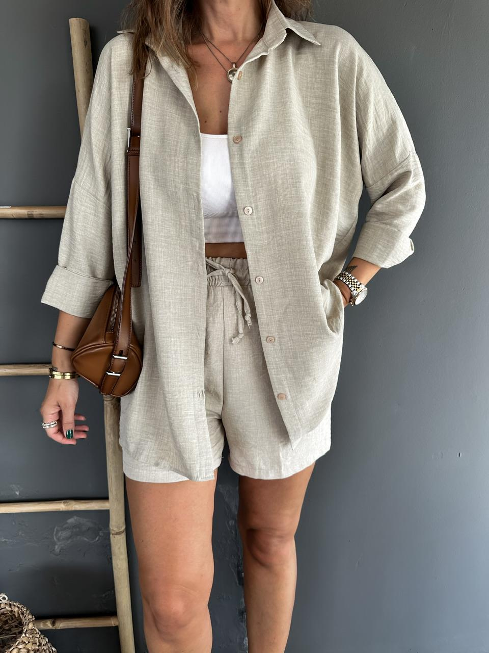 Taş Şortlu Keten Basic Takım