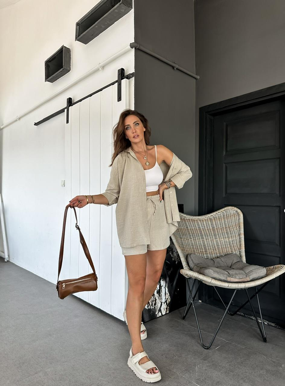 Taş Şortlu Keten Basic Takım