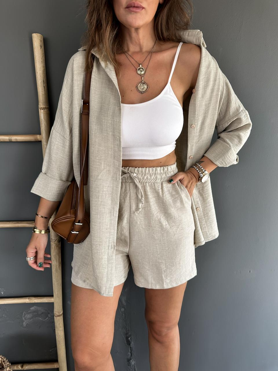 Taş Şortlu Keten Basic Takım