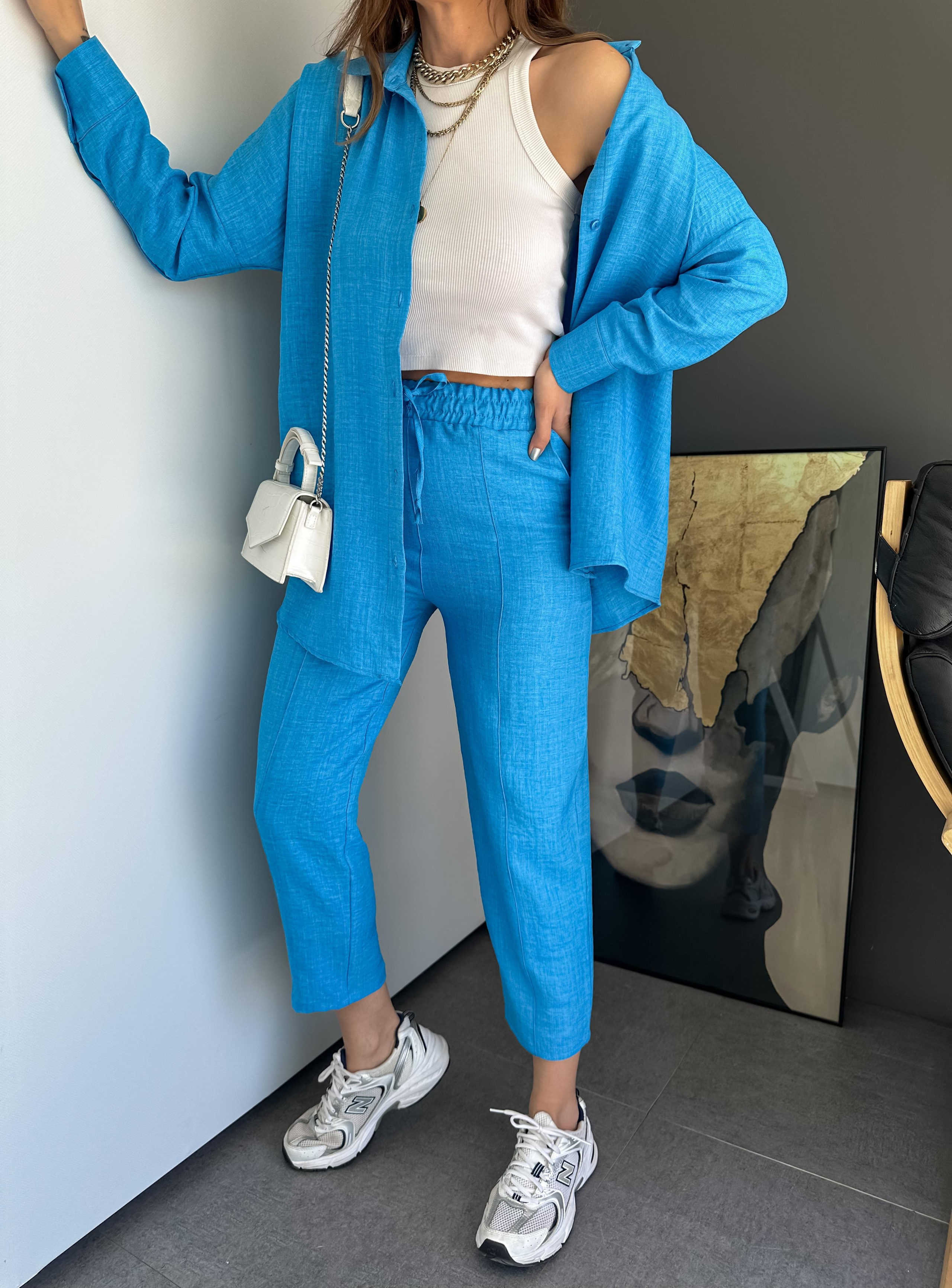 Turkuaz Keten Gömlekli Basic Takım