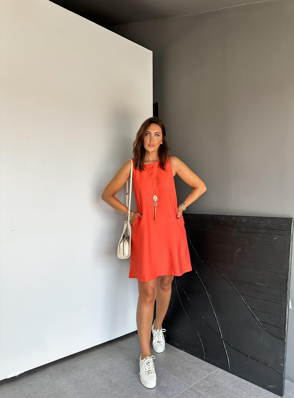 Turuncu Cepli Basic Cotton Elbise