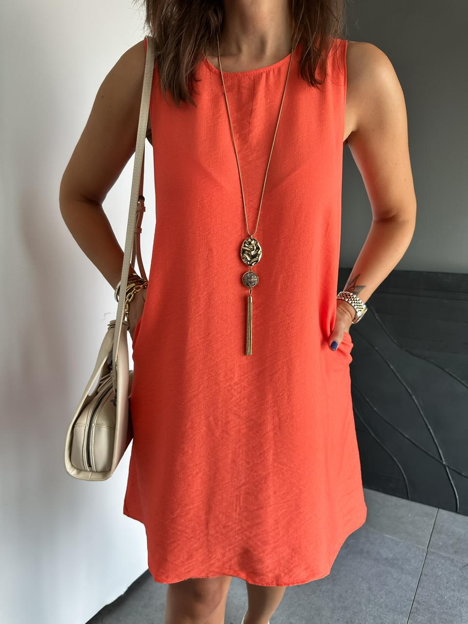 Turuncu Cepli Basic Cotton Elbise