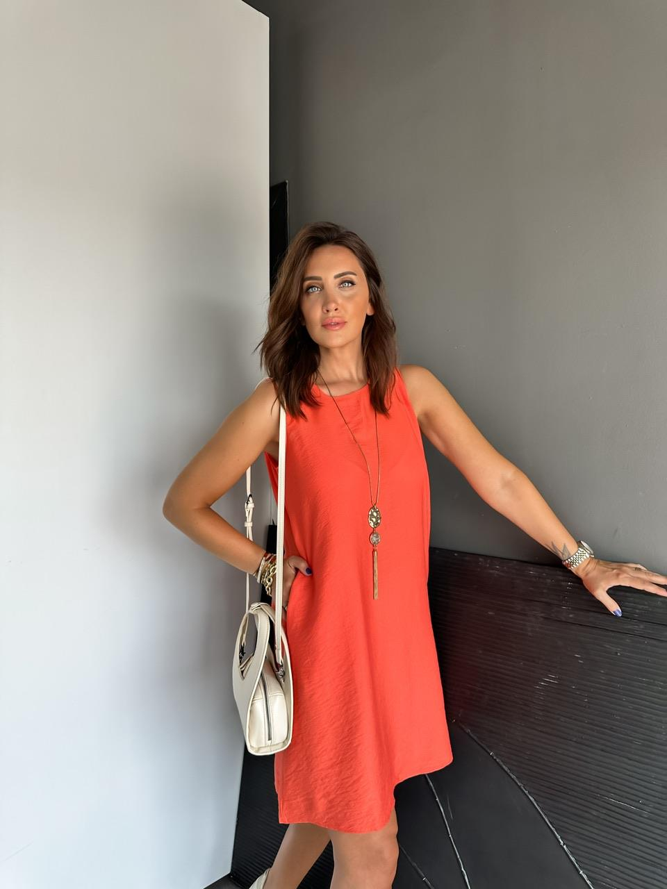 Turuncu Cepli Basic Cotton Elbise