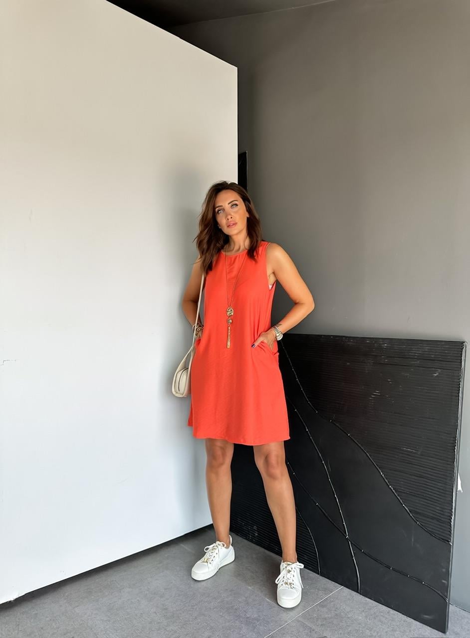 Turuncu Cepli Basic Cotton Elbise