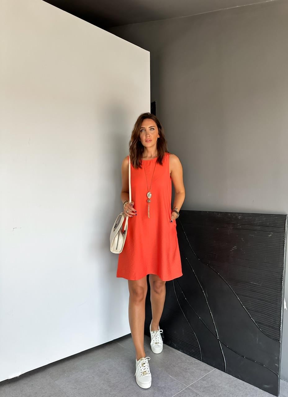 Turuncu Cepli Basic Cotton Elbise