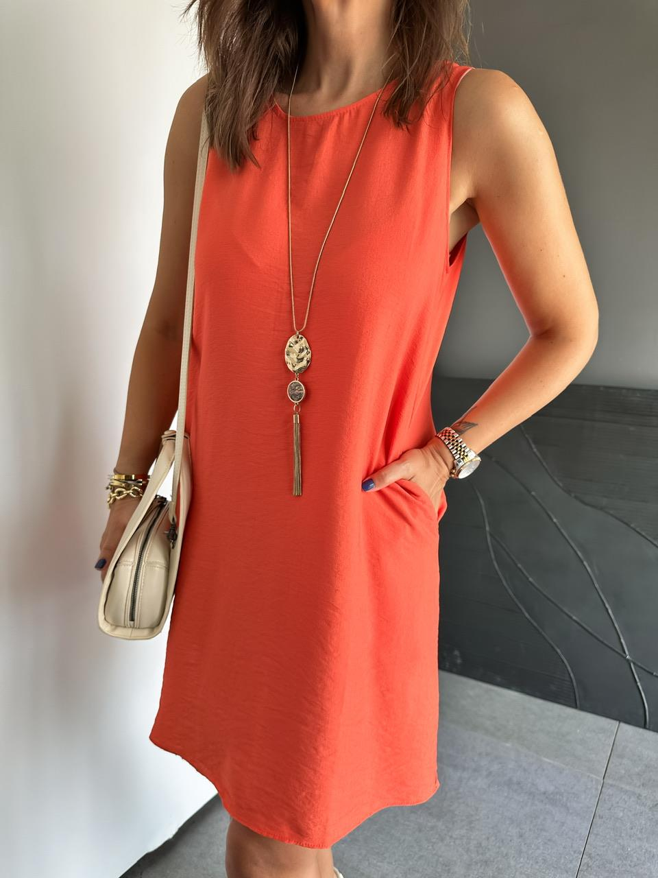 Turuncu Cepli Basic Cotton Elbise