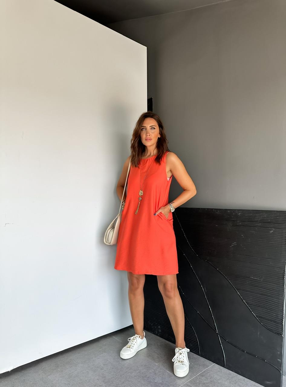 Turuncu Cepli Basic Cotton Elbise