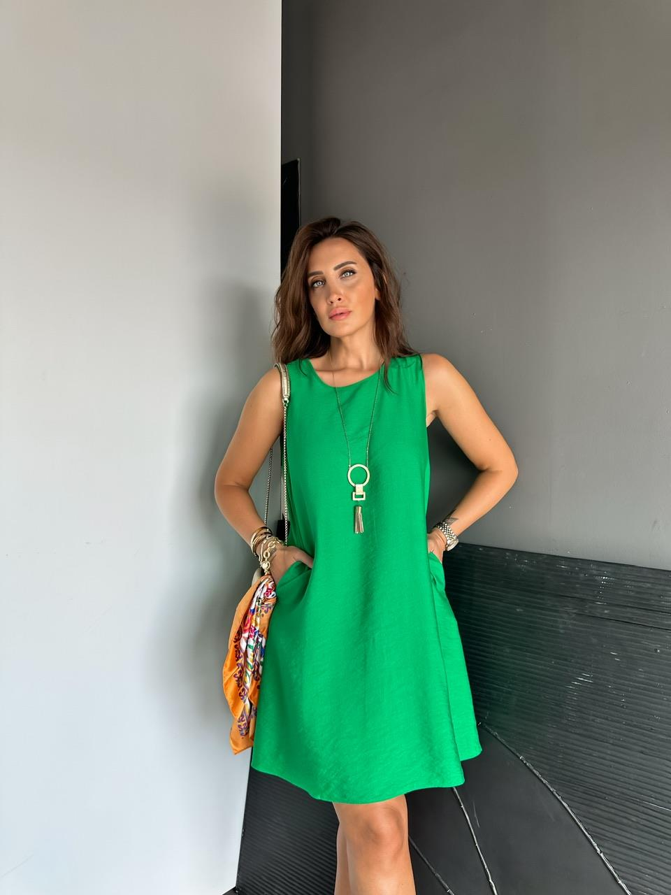 Yeşil Cepli Basic Cotton Elbise