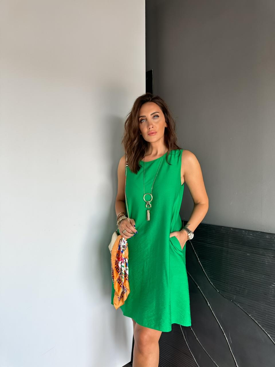 Yeşil Cepli Basic Cotton Elbise