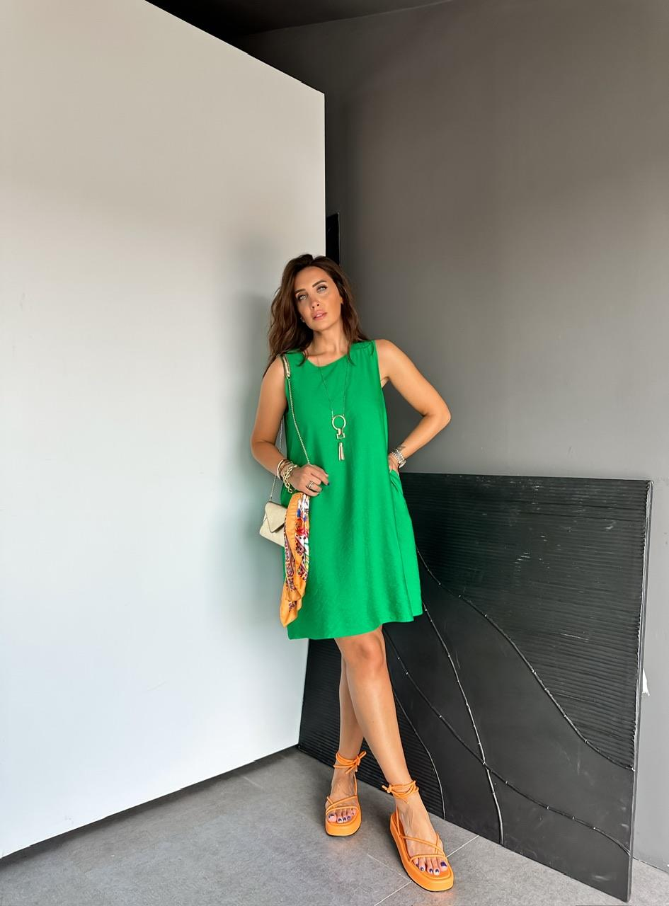 Yeşil Cepli Basic Cotton Elbise