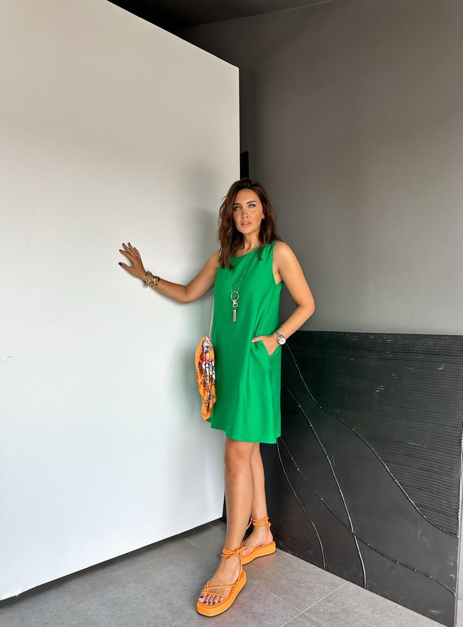 Yeşil Cepli Basic Cotton Elbise