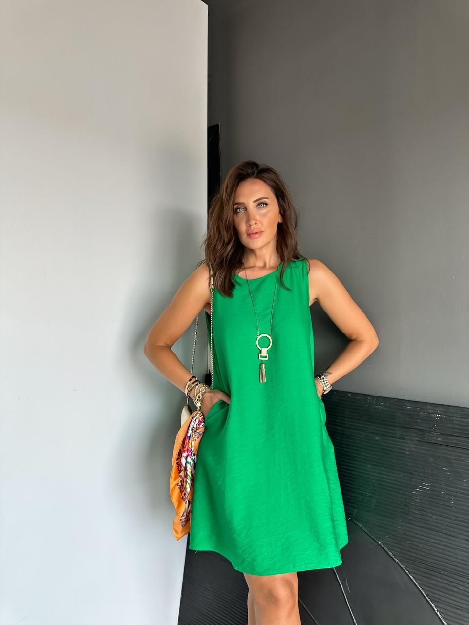 Yeşil Cepli Basic Cotton Elbise