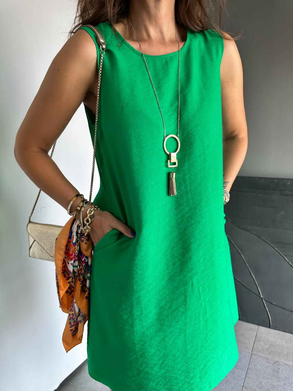 Yeşil Cepli Basic Cotton Elbise