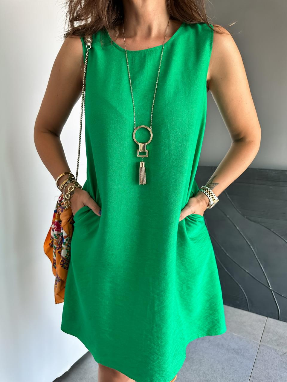 Yeşil Cepli Basic Cotton Elbise