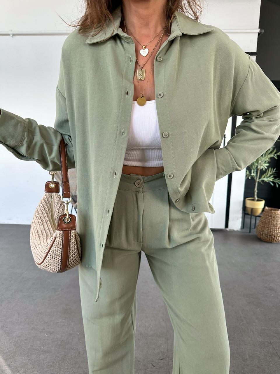 Yeşil Gömlekli Basic Keten Takım